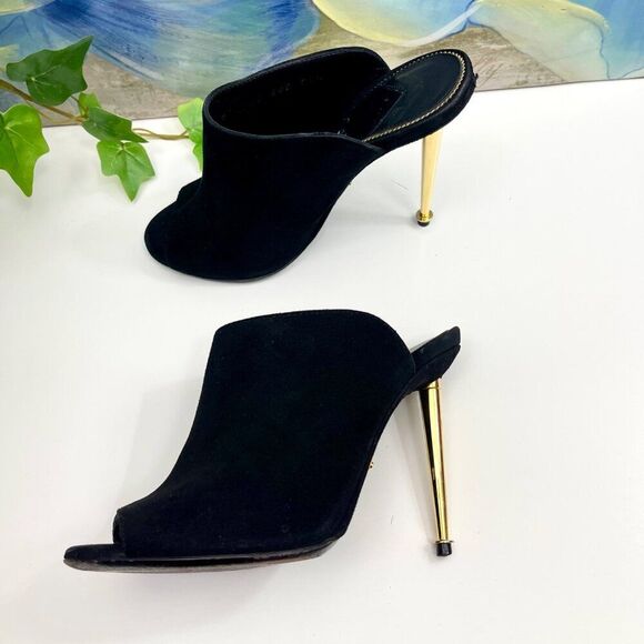 Tom Ford Black Suede Peep-Toe Mules With Gold Stiletto Heel Size 35 - Picture 4 of 12